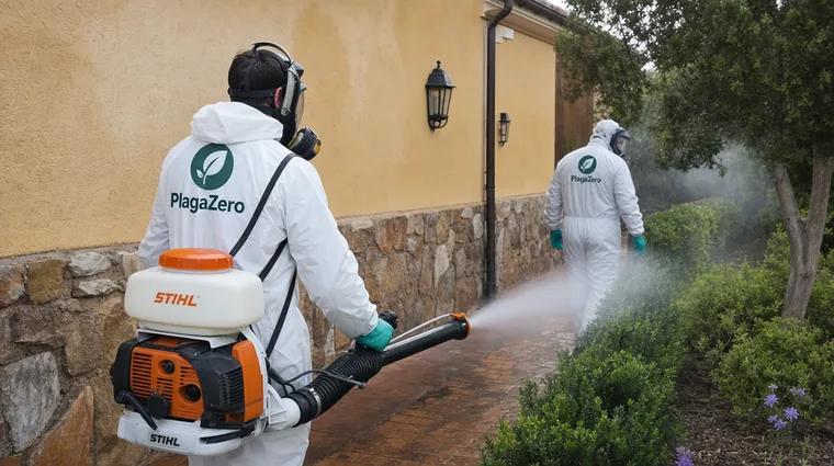 Técnicos de PlagaZero fumigando con equipo de protección en Barberà del Vallès